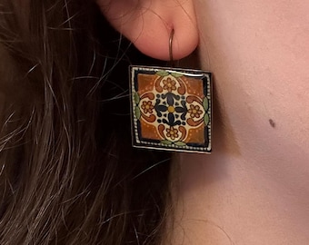 Spanish Talavera Tile Resin Earrings, Antique Bronze Lever Back, Mediterranean Design