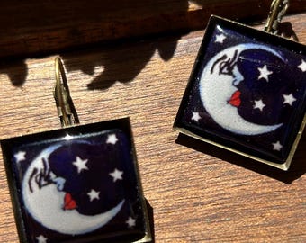 Moon earrings, Mexican talavera tile design, Antiqued Brass, lever back earrings, Celestial jewelry, Planetary earrings, Astronomy earring