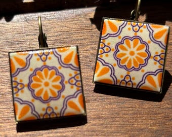 Folk art earrings, Mexican tile design, Antiqued Brass, lever back earrings, Mexican tile jewelry earring, Yellow, Cobalt Blue