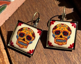 Day of the Dead earrings, Calvara Sugar skull tile design, Antiqued Brass, lever back earrings, Medium size, Tattoo Flash jewelry