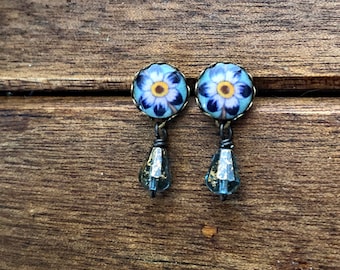 Bohemian earrings, floral earrings, Blue earrings, Indian earrings, Indian Jewelry, Jaipur tile, Flower Posts, flower earrings, Diwali gift