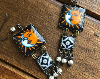 Celestial earrings, Sun and Moon earrings, Mexican earrings, Talavera Tile Earrings, Sun earrings, Mexican pottery pattern, Moon earrings