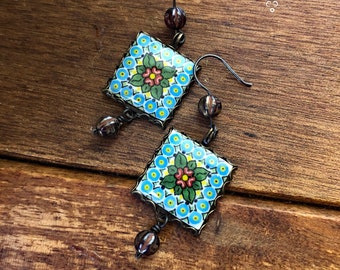 Mexican Tile Earrings, Colorful earrings, Fiesta earrings, beaded earrings, Talavera Tile design, Ethnic earrings, Latinx earrings, Folk