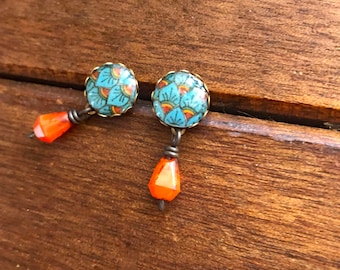 Bohemian earrings, Peacock feather earrings, Blue earrings, Mexican tile earrings, Mexican pottery Jewelry, Orange and turquoise posts, stud