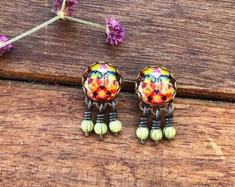 Tropical earrings, Botanical earrings, Mexican tile, Colorful post earrings, Mexican jewelry, Tropical jewelry, Mexican gift, Latinx studs