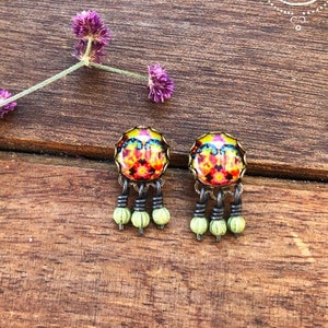 Miniature Talavera Tile Earrings: Tropical Botanical Design