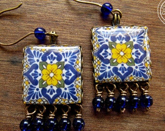 Cobalt blue earrings, Italian tile Earrings, Italian jewelry, Statement Earrings, Italian pottery pattern, Ethnic jewelry, Folk art earrings