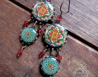Bohemian jewelry, earrings, Chandelier earrings, Green boho earrings, Mexican earrings, Mexican jewelry, Mexican pottery design
