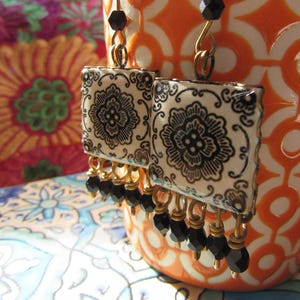 Black and white earrings, Mexican tile earrings, Mexican Jewelry, Dangle drop earrings, Ethnic Jewelry, Day of the Dead, Latin arts, Fiesta