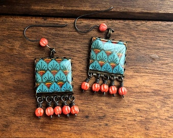 Peacock feather earrings, Mexican earrings, Tile Earrings, Talavera tile design, Bird earrings, Mexican pottery pattern, Orange earrings