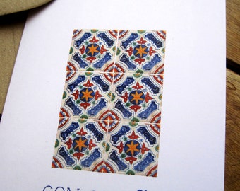 Blue Spanish Tile note card made in Maine pattern blue and white blank inside Spain geometry azulejos letterpress greeting card