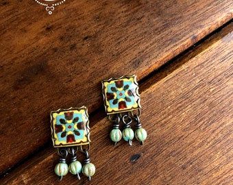 Beaded California Tile Earrings: Southwestern Style Studs