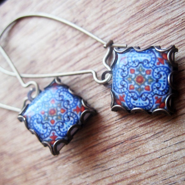 Portuguese tile jewelry, Iberian dangle earrings, handcrafted jewelry, Spanish tile drop earrings, Gypsy Boho chic, hand made jewelry