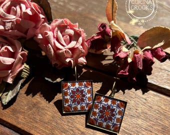 Folk art earrings, Mexican tile design, Antiqued Brass, lever back earrings, Mexican tile jewelry earring, Orange, Rust
