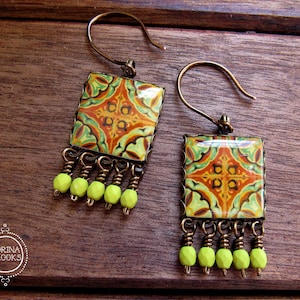 Yellow Earrings, Mexican Tile Earrings, Square Earrings, Boho Earrings, Dangle drop earrings, Bright Jewelry, Mexican, Day of the Dead