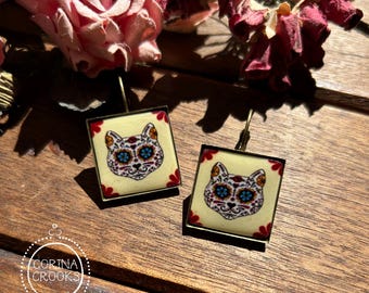 Day of the Dead CAT earrings, Calavara Sugar skull tile design, Antiqued Brass, lever back earrings, Medium size, Tattoo Flash jewelry MEOW