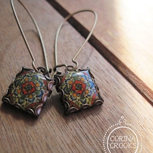 Mexican jewelry, Mexican Talavera tile pattern drop earrings, Southwestern style, Boho rustic rose, Mediterranean, Folk art jewelry