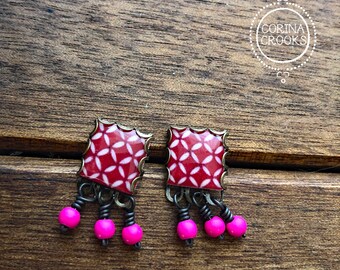 Pink Beaded Indian Tile Stud Earrings: Geometric Jhumka Jewelry