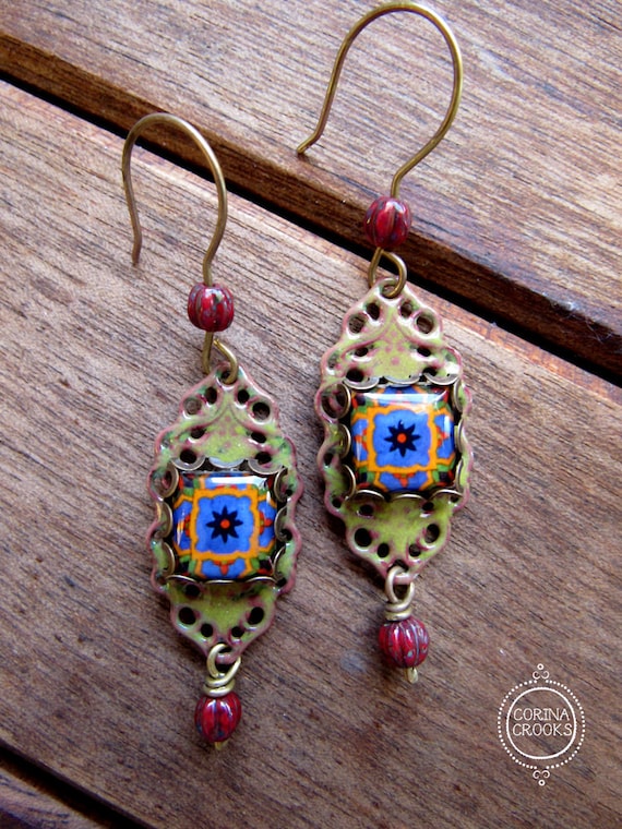 Filigree Earrings, Mexican earrings, Mexican pottery pattern, enamel earrings, Folk art earrings, Statement earrings, Mexican gift