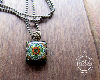 Tile necklace, Mexican tile design, Charm necklace, Folk art jewelry, festival jewelry, Mexican rose earrings