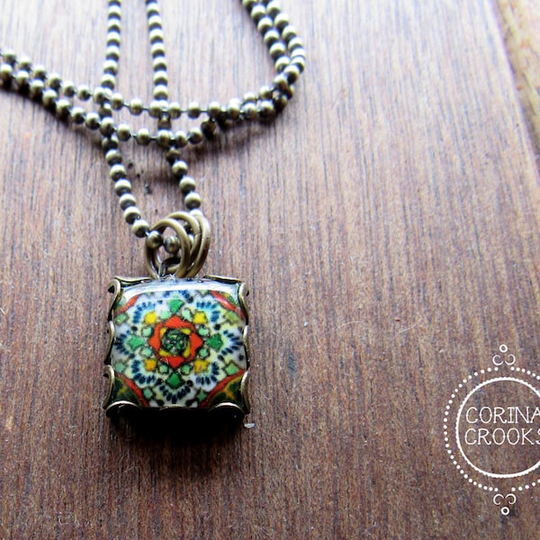 Tile necklace, Mexican tile design, Charm necklace, Folk art jewelry, festival jewelry, Mexican rose earrings