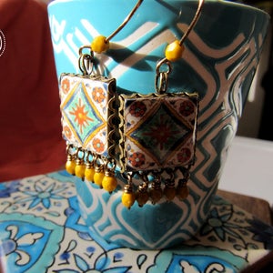 New Mexico sieraden, Zuidwestelijke tegelontwerp oorbellen, Fiesta oorbellen, Mexicaanse oorbellen, Latijnse kunst, Country en Western, Cowboy sieraden afbeelding 2