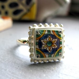 Ring, Portugal, Spain, Mexico, MTO, Mediterranean ceramic tile design ring, Sterling silver, sizes 6, 7, 8, 9, and 10, resin