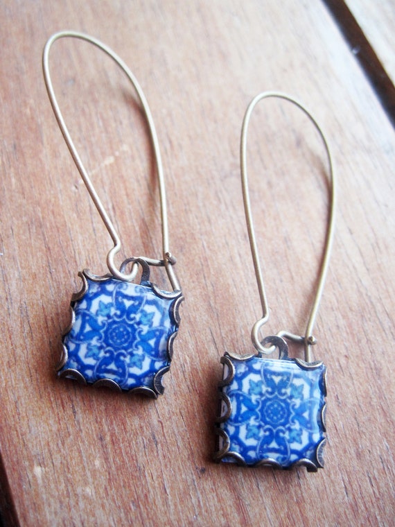 Portugal tile jewelry, Portuguese azulejos, Blue earrings, Spanish tile drop earrings, Lisbon, Iberia, Gypsy jewelry