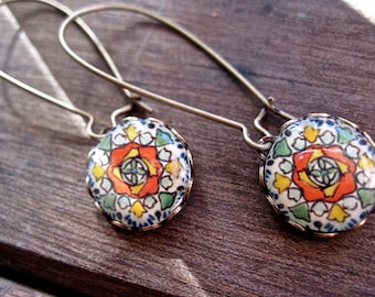 Southwestern jewelry, Mexican Talavera ceramic tile design cabochon, long dangle earrings, Mexican jewelry, Mexican tile jewelry, travel