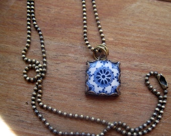 Mexican Talavera Tile design pendant and chain, Blue and white, Travel souvenir, Mexican necklace, Mexican Folk Art, ceramic tile design