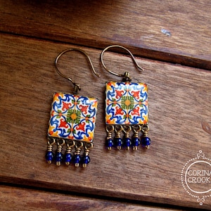 Portuguese Tile Earrings: Handmade Mediterranean Blue Bead Dangle Earrings
