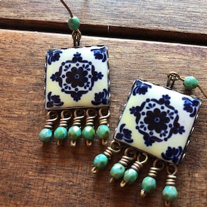 Talavera Tile Earrings, Mexican tile earrings, Mexican Jewelry, Dangle drop earrings, Talavera Tile design, Day of the Dead, Latin Arts