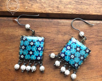 Boucles d'oreilles en carreaux marocains : design islamique fait main, bijoux étoile turquoise