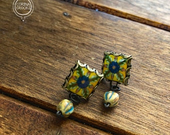 Beaded Tile Stud Earrings: Handmade California Malibu Design