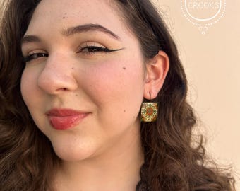 Mexican earrings, Mexican tile design, Green and orange rose, Mexican pottery pattern, Antique Brass leverback earrings, Ethnic jewelry