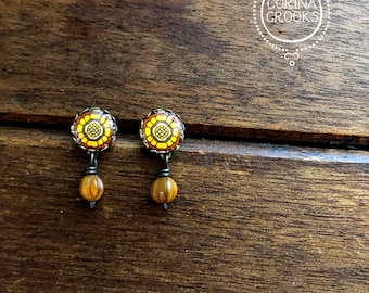 Yellow and brown post earrings, California earrings, California jewelry, earrings, Studs, Posts, California gifts, handmade, tile design