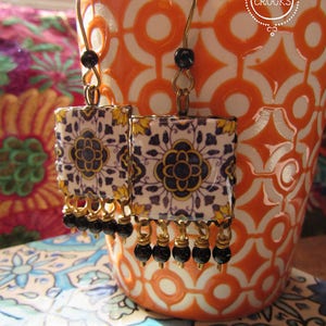 Italian tile design Earring, Italian jewelry, Statement Earrings, Dangle drop earrings, Italian pottery pattern, Mediterranean Earrings