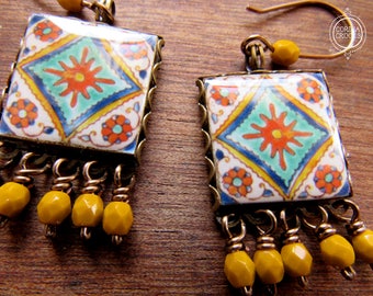 New Mexico jewelry, South Western tile design earrings, Fiesta earrings, Mexican Earrings, latin art, Country and Western, Cowboy jewelry