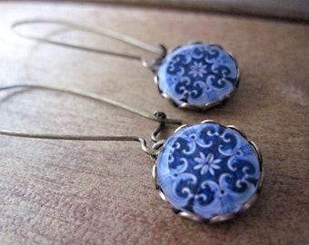 Azulejos tiles of Portugal designs, Mediterranean cabochon, dangle earrings, drop earrings, majolica long earrings, blue, travel gift vacay