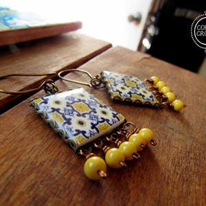 Portugese sieraden, Portugese tegeloorbellen, statementoorbellen, hangoorbellen, mozaïektegelpatroon, gele oorbellen, boho-oorbellen
