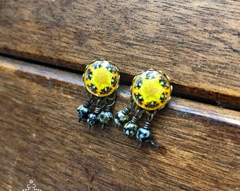 Celestial earrings, Yellow earrings, Mexican Jewelry, Galaxy earrings, Studs, Posts, Geometric design earrings, Teacher gifts, Mexican tile