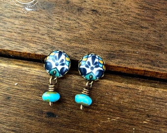 Mexican post earrings, Mexican pottery earrings, Mexican Jewelry, Talavera tile, earrings, Studs, Posts, Spanish teacher gifts, handmade