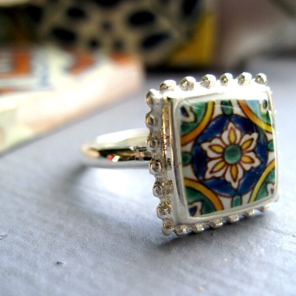 Handmade Miniature Mediterranean Tile Ring, Sterling silver, size 7