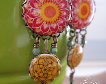 Mexican pottery design earrings, Boho earrings, dangle earrings, Chandelier earrings, Bohemian jewelry, ethnic earrings, Statement jewelry