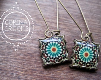 Boucles d'oreilles marocaines, bijoux islamiques, boucles d'oreilles pendantes, bijoux marocains, boucles d'oreilles tribales, bijoux musulmans, Moyen-Orient, conception de carreaux islamiques