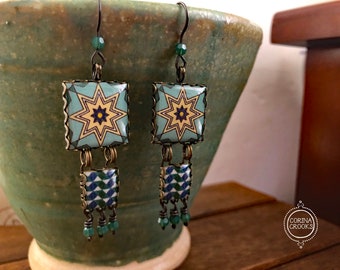 Bohemian earrings, boho earrings, California gift, California Tile Earrings, Folk art earrings, pottery pattern, Star earrings, Dangle, teal