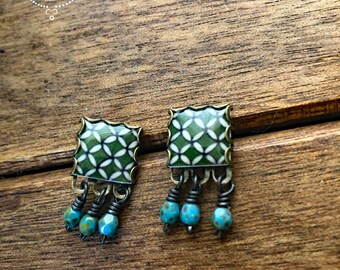 Green earrings, Geometric earrings, Indian tile earrings, stud earrings, Indian jewelry, post earrings, Bombay, Bollywood earrings, India