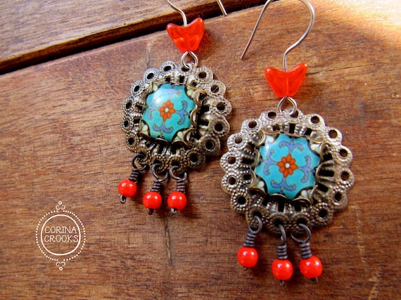 California earrings, Vintage antiqued filigree, Malibu tile design, dangle earrings, colorful earrings, statement earrings, West Coast style