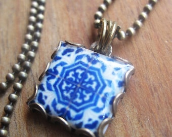 Portuguese Tile Necklace: Blue Folk Art Pendant, Antique Brass