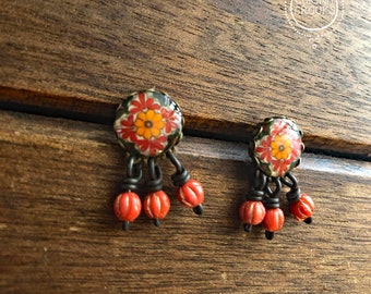 Mexican Talavera Tile Earrings: Orange Floral Pottery Studs
